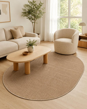Beige Oval Area Rug, Ribbed Textured Carpet, Minimalist Scandinavian Japandi Floor Rug