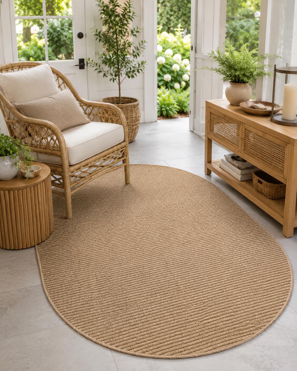Beige Oval Area Rug, Ribbed Textured Carpet, Minimalist Scandinavian Japandi Floor Rug