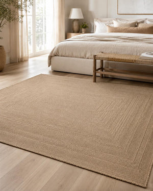 Beige Woven Area Rug, Textured Border Carpet, Minimalist Scandinavian Bedroom Floor Rug