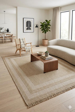 Beige Ivory Rectangular Rug, Textured Woven Border, Natural Jute Style Carpet