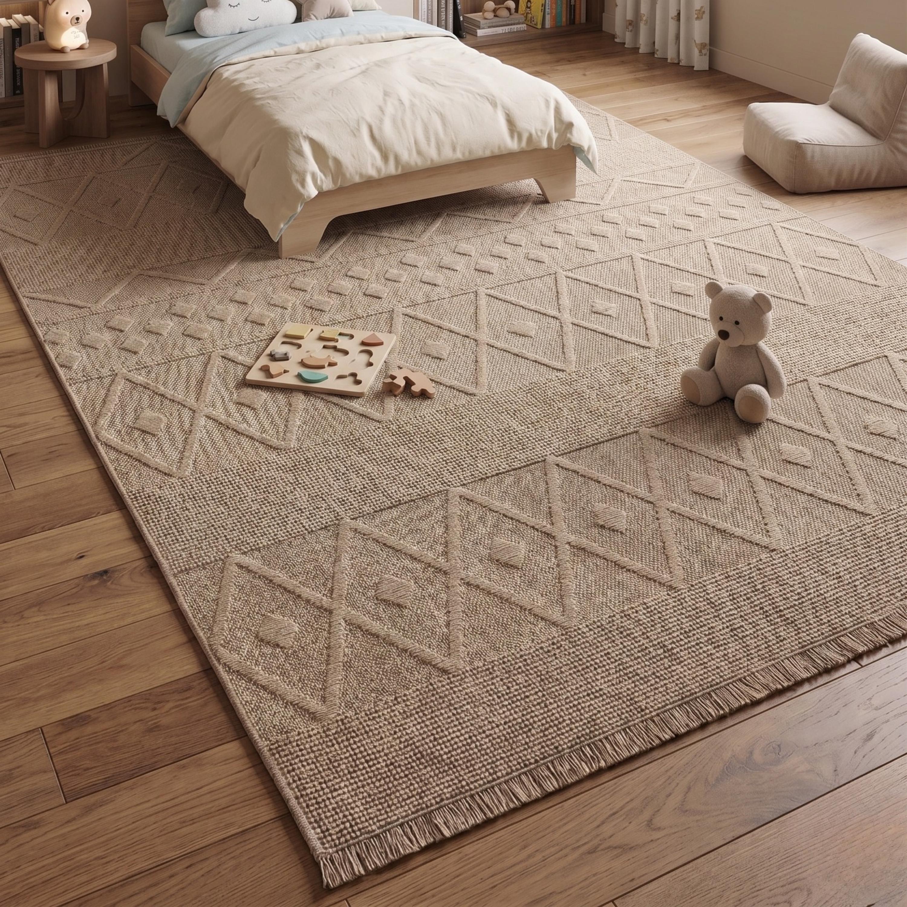 Beige Geometric Textured Area Rug, Boho Scandinavian Living Room Carpet