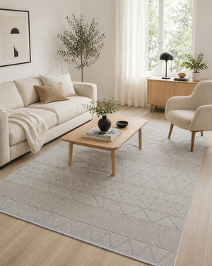 Light Gray Geometric Textured Area Rug, Boho Scandinavian Living Room Carpet