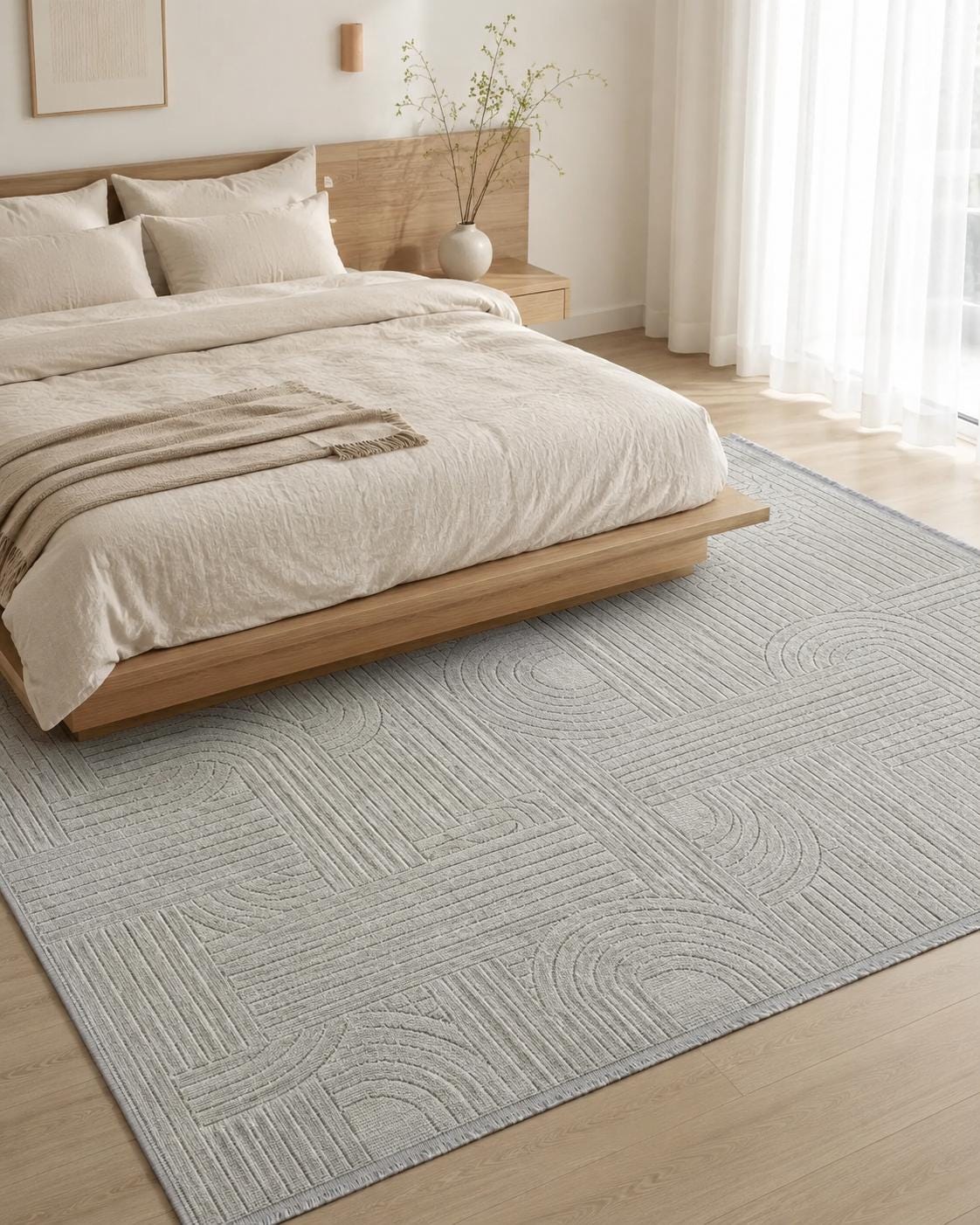 Light Gray Abstract Geometric Textured Area Rug, Modern Living Room Floor Runner