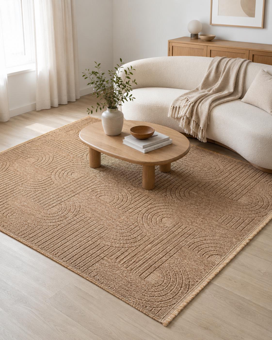 Tan Abstract Area Rug, Textured Geometric Pattern, Neutral Modern Floor Decor