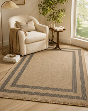 Beige Black Striped Area Rug, Textured Woven Jute Style Carpet, Modern Farmhouse Bedroom