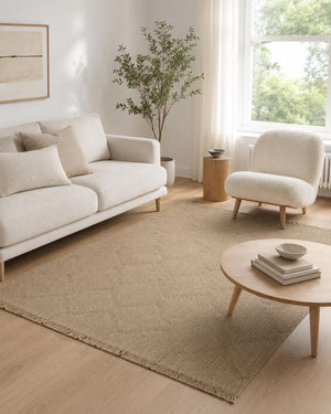 Beige Geometric Woven Area Rug, Natural Jute Style Carpet, Scandinavian Living Room Floor Rug