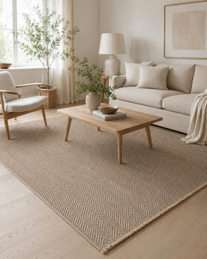 Brown Herringbone Woven Area Rug, Textured Natural Living Room Carpet