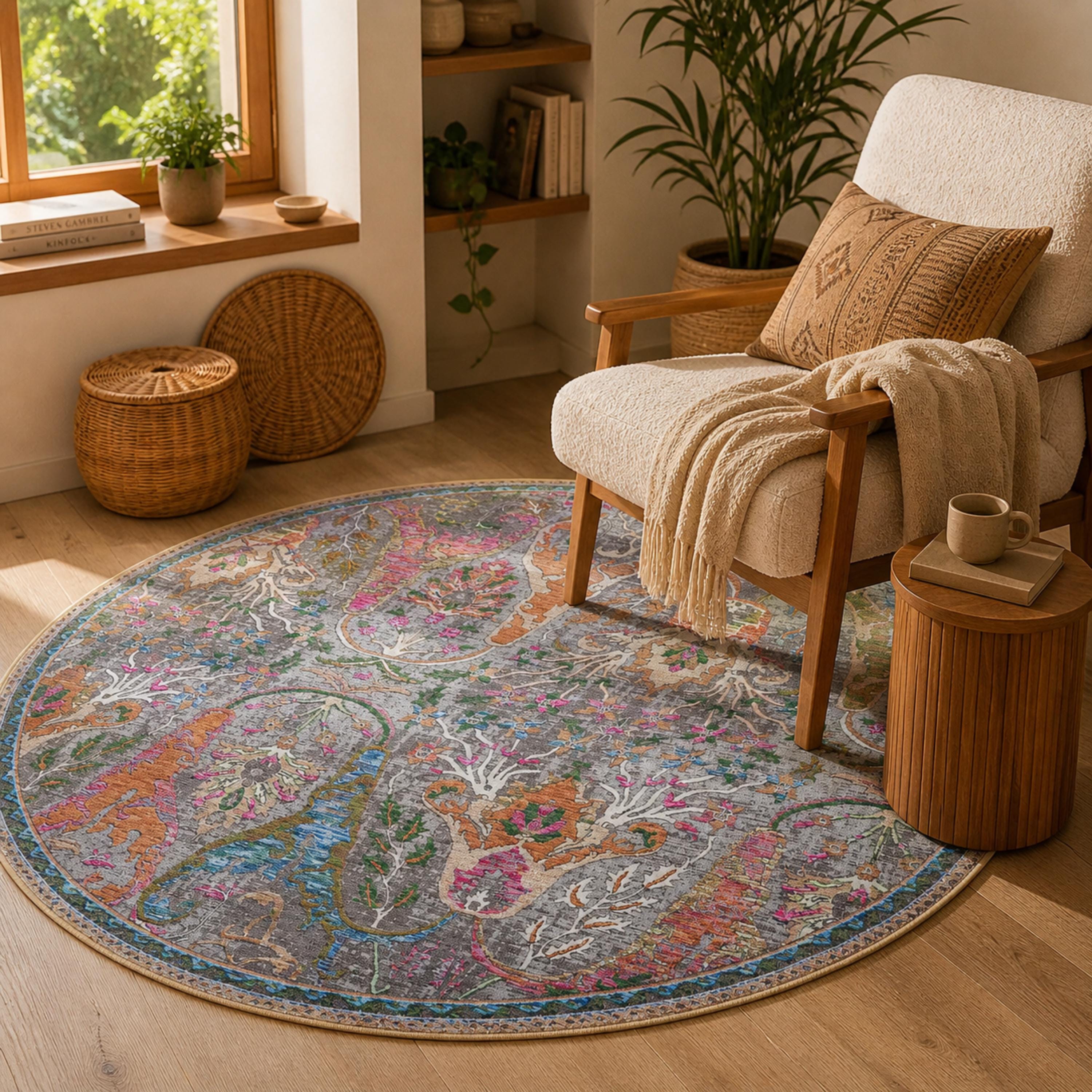 Round Floral Area Rug, Distressed Traditional Boho Carpet, Living Room Bedroom 6.6FT