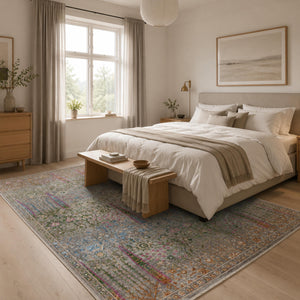 Multicolor Distressed Floral Area Rug, Boho Traditional Oriental Carpet