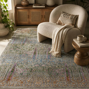 Multicolor Distressed Floral Area Rug, Boho Traditional Oriental Carpet