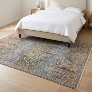 Multicolor Distressed Floral Area Rug, Boho Traditional Oriental Carpet