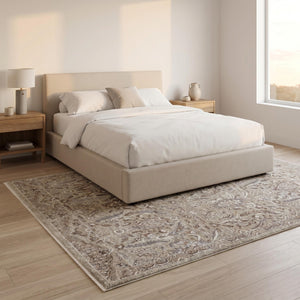 Beige Floral Area Rug, Distressed Botanical Traditional Carpet, Soft Farmhouse Style