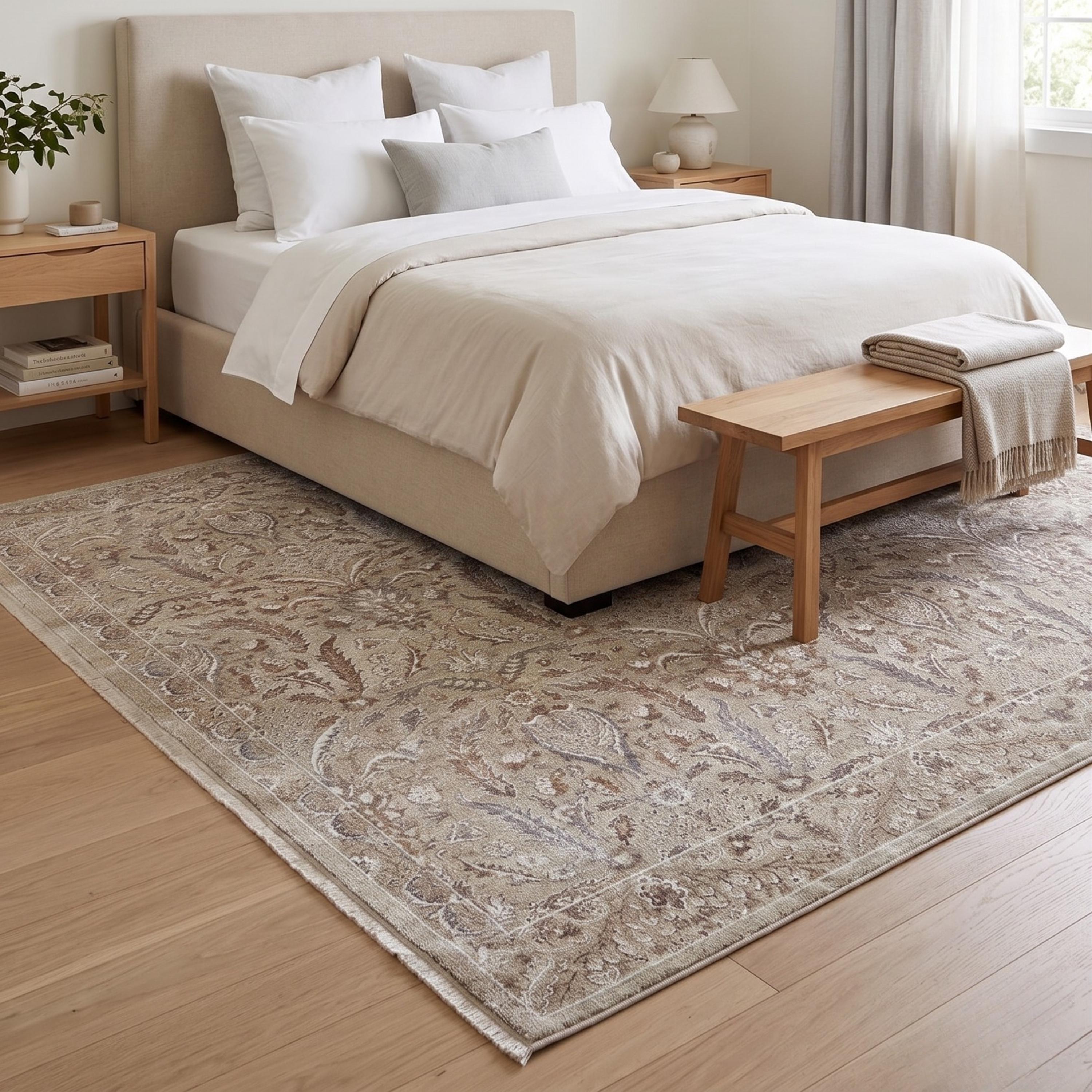 Beige Floral Area Rug, Distressed Botanical Traditional Carpet, Soft Farmhouse Style