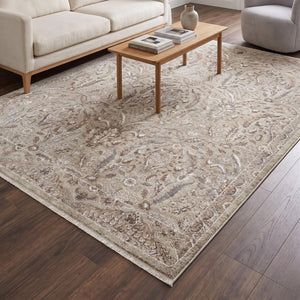 Beige Floral Area Rug, Distressed Botanical Traditional Carpet, Soft Farmhouse Style