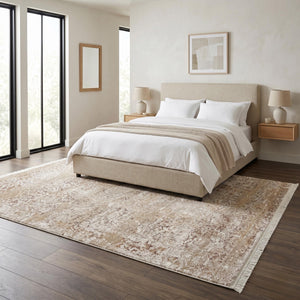 Distressed Traditional Area Rug, Neutral Beige Living Room Carpet, Vintage Farmhouse Style Floor Runner