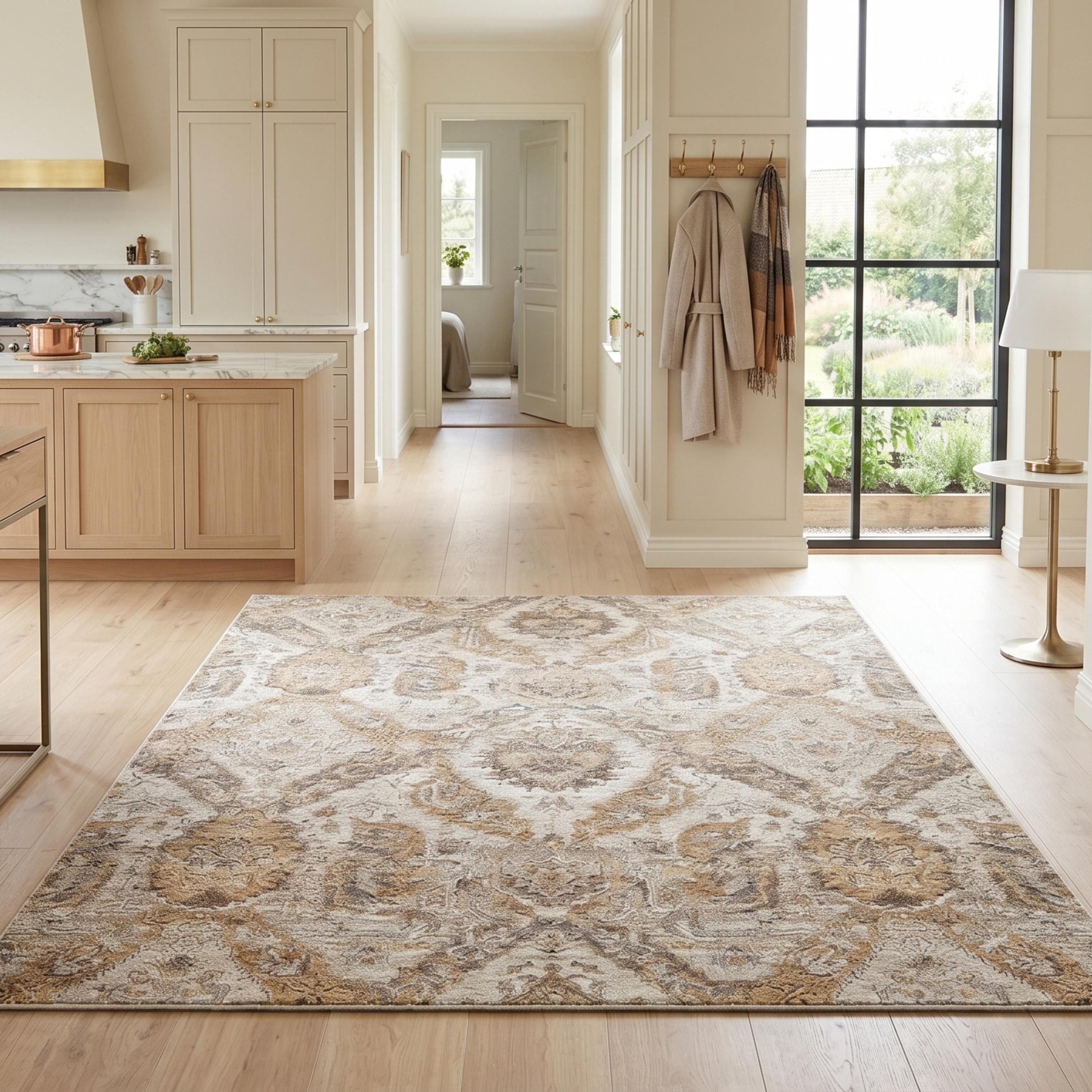 Distressed Medallion Area Rug, Traditional Oriental Style Carpet, Neutral Living Room Floor Rug