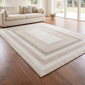 Cream Border Area Rug, Woven Bedroom Carpet, Soft Scandinavian Floor Rug