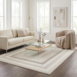 Cream Border Area Rug, Woven Bedroom Carpet, Soft Scandinavian Floor Rug