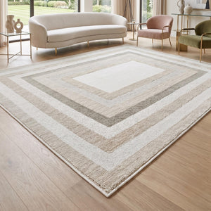 Cream Border Area Rug, Woven Bedroom Carpet, Soft Scandinavian Floor Rug