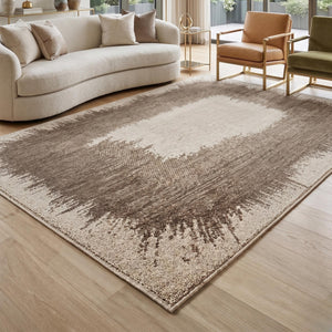 Brown Cream Border Area Rug, Modern Distressed Living Room, Scandinavian Style Floor Rug