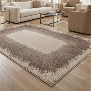 Brown Cream Border Area Rug, Modern Distressed Living Room, Scandinavian Style Floor Rug