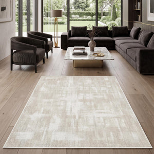 Cream Distressed Abstract Area Rug, Neutral Scandinavian Living Room Carpet