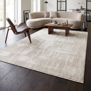 Cream Distressed Abstract Area Rug, Neutral Scandinavian Living Room Carpet