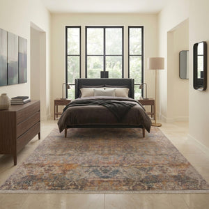 Distressed Oriental Area Rug, Beige Grey Blue Machine Made Carpet, Modern Farmhouse Style