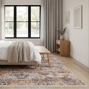 Distressed Oriental Area Rug, Beige Grey Blue Machine Made Carpet, Modern Farmhouse Style