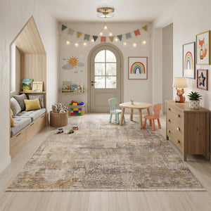 Machine Made Abstract Area Rug, Distressed Neutral Tones, Modern Living Room Carpet