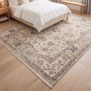 Cream Beige Oriental Floral Area Rug, Neutral Living Room Carpet