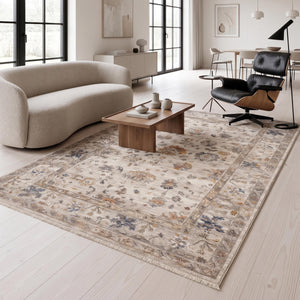 Cream Beige Oriental Floral Area Rug, Neutral Living Room Carpet