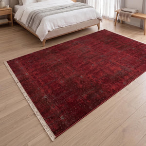 Distressed Abstract Red Area Rug, Machine Made Burgundy Fringe Carpet