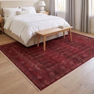 Distressed Oriental Area Rug, Machine Made Burgundy Traditional Carpet
