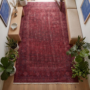 Distressed Oriental Area Rug, Machine Made Burgundy Traditional Carpet