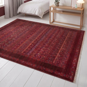 Machine Made Oriental Red Area Rug, Traditional Persian Boho Carpet