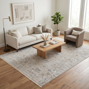 Neutral Oriental Distressed Area Rug, Beige Ivory Living Room Carpet, Farmhouse Style