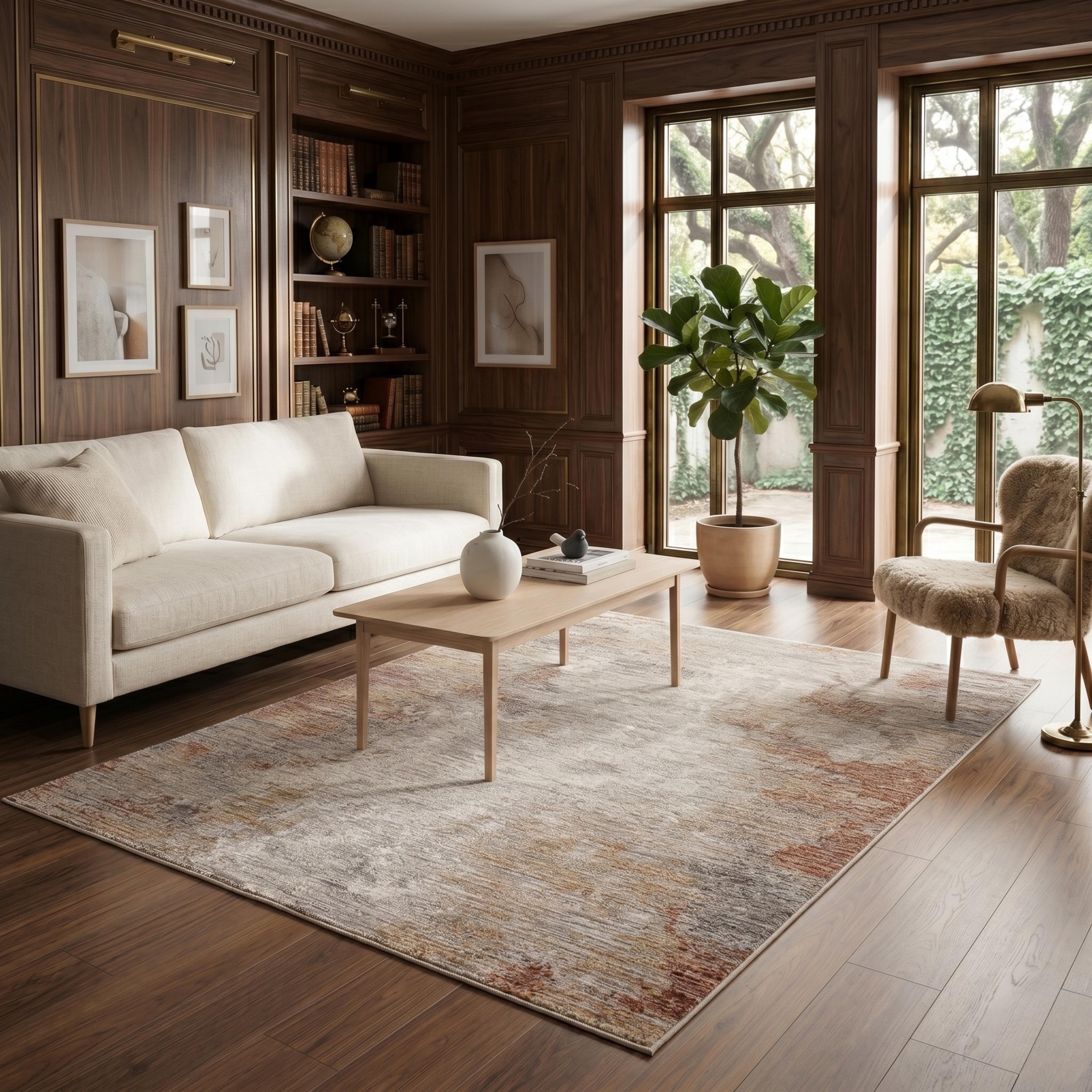 Rust Beige Abstract Distressed Area Rug, Modern Neutral Living Room Carpet