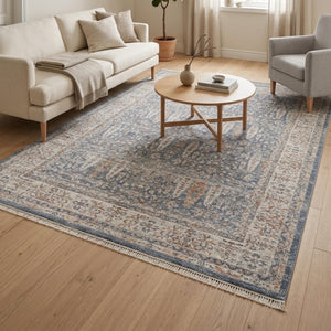Distressed Oriental Area Rug, Blue Beige Vintage Style Living Room Carpet