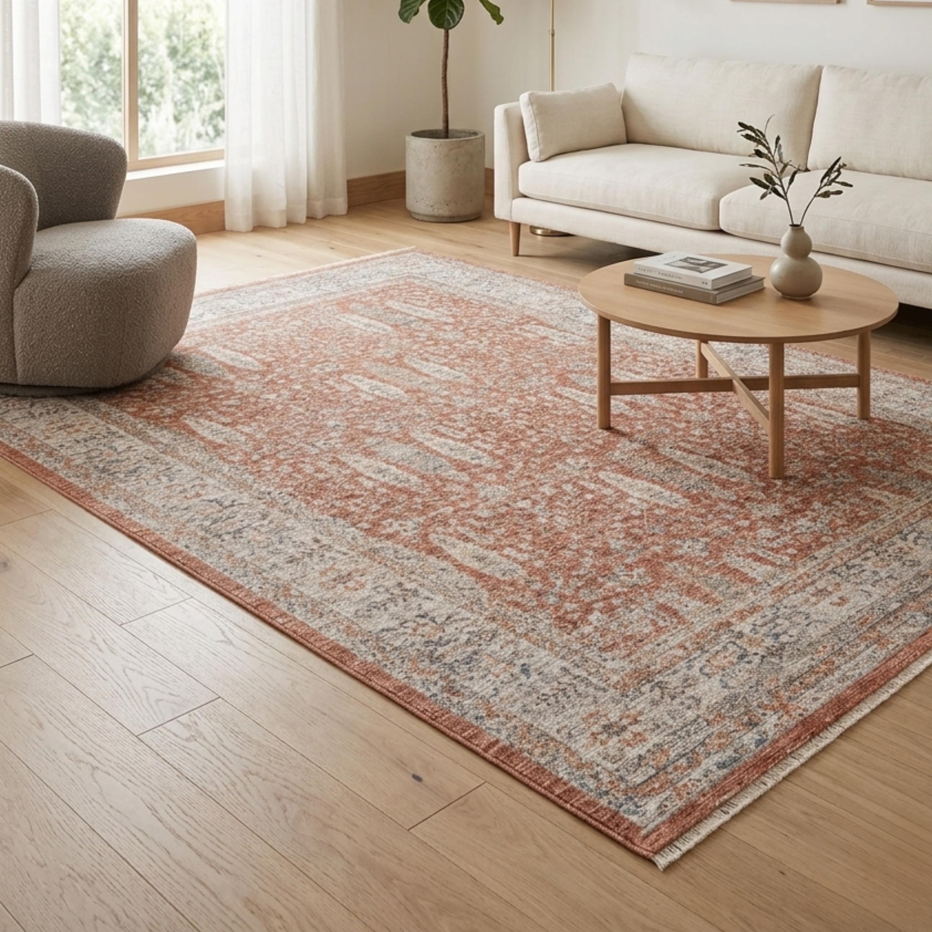 Distressed Oriental Terracotta Area Rug, Vintage Style Living Room Carpet