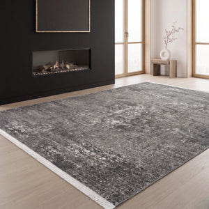 Charcoal Grey Distressed Abstract Area Rug, Modern Minimalist Floor Carpet