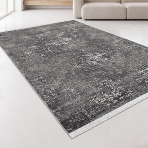 Charcoal Grey Distressed Abstract Area Rug, Modern Minimalist Floor Carpet