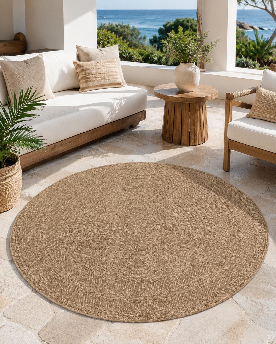 Round Jute-Style Beige Area Rug, Textured Boho Coastal Carpet (5.2 FT)