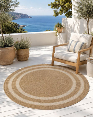 Round Striped Jute Style Area Rug, Boho Coastal Living Room Carpet
