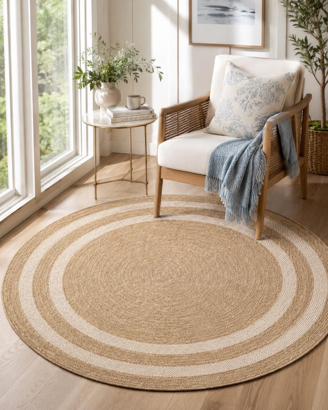 Round Striped Jute Style Area Rug, Boho Coastal Living Room Carpet