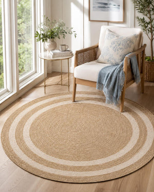 Round Striped Jute Style Area Rug, Boho Coastal Living Room Carpet