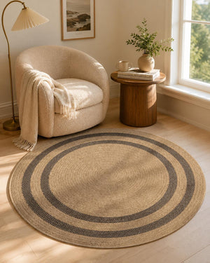Round Jute-Style Beige Area Rug, Black Stripe Boho Coastal Carpet