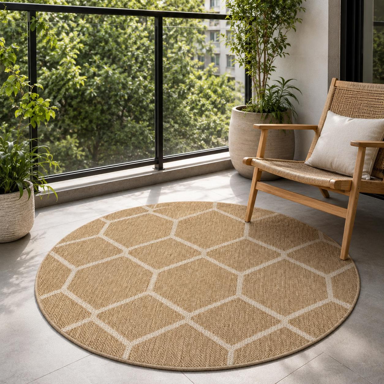 Round Beige Honeycomb Geometric Area Rug, Neutral Living Room Carpet (5.2x5.2 FT)