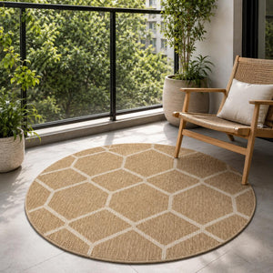 Round Beige Honeycomb Geometric Area Rug, Neutral Living Room Carpet (5.2x5.2 FT)
