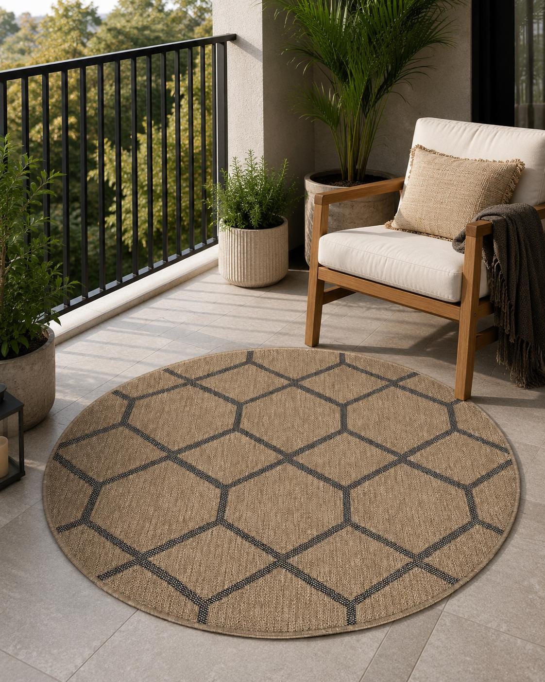 Round Beige Black Geometric Honeycomb Rug, Modern Boho Living Room Carpet (5.2x5.2FT)